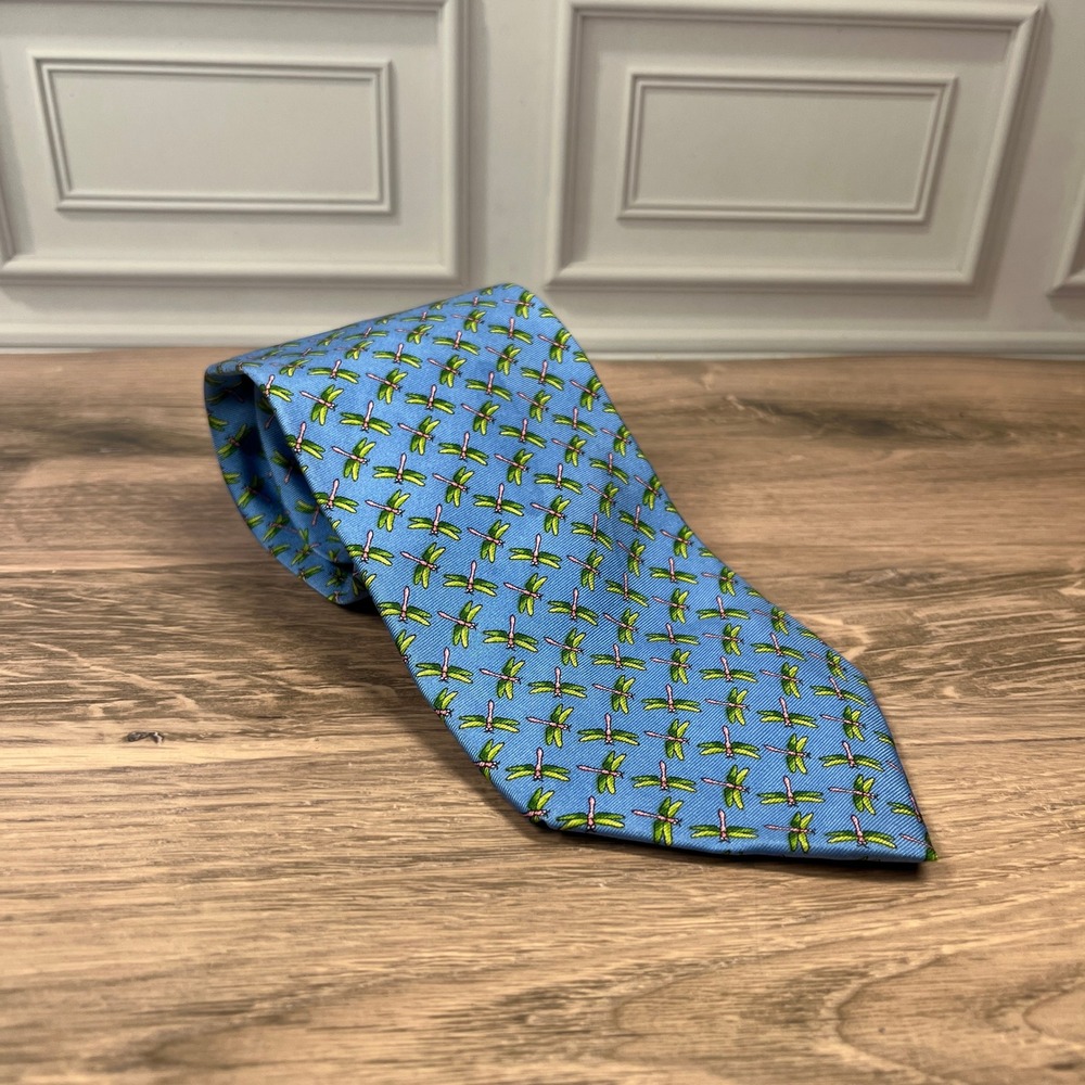 Brooks Brothers Necktie Mens Blue Dragonfly Silk Wide Classic 346 USA Tie